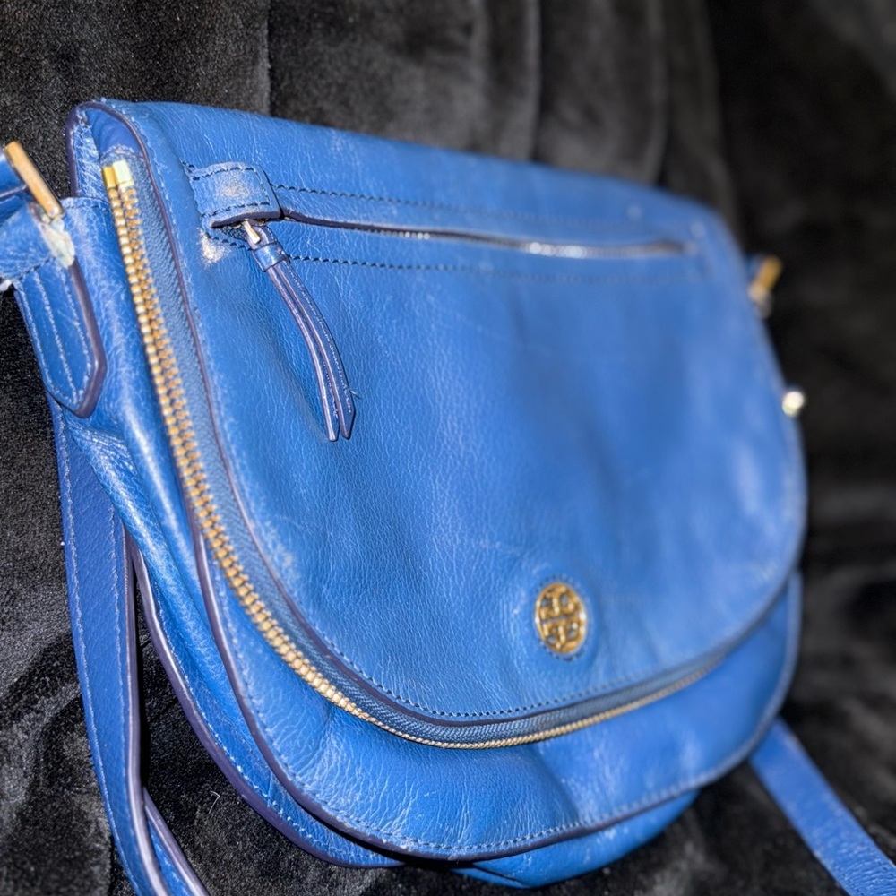 Tory Burch Blue Leather FoldOver Saddle Crossbody Handbag